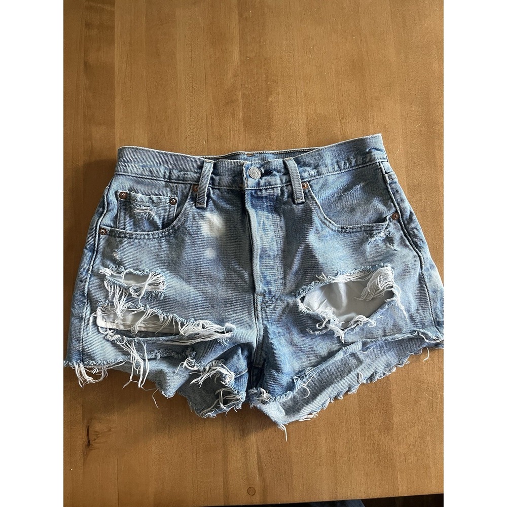 Levi's 501 Women's Distressed Cut Off Denim Shorts Fringe Button‎ Blue Sz W27